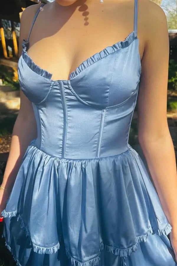 A-line Dusty Blue Straps Ruffle Prom Dress with Slit SEW1307