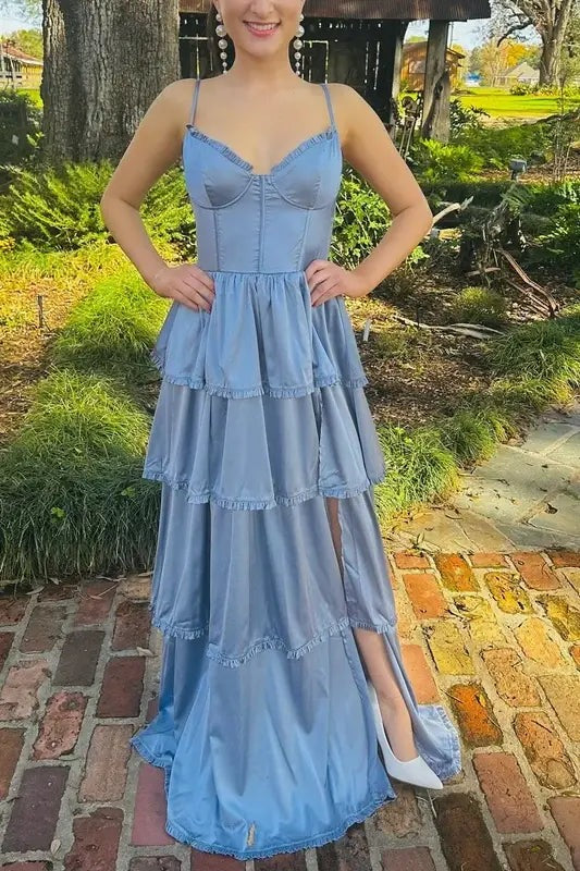 A-line Dusty Blue Straps Ruffle Prom Dress with Slit SEW1307|Selinadress