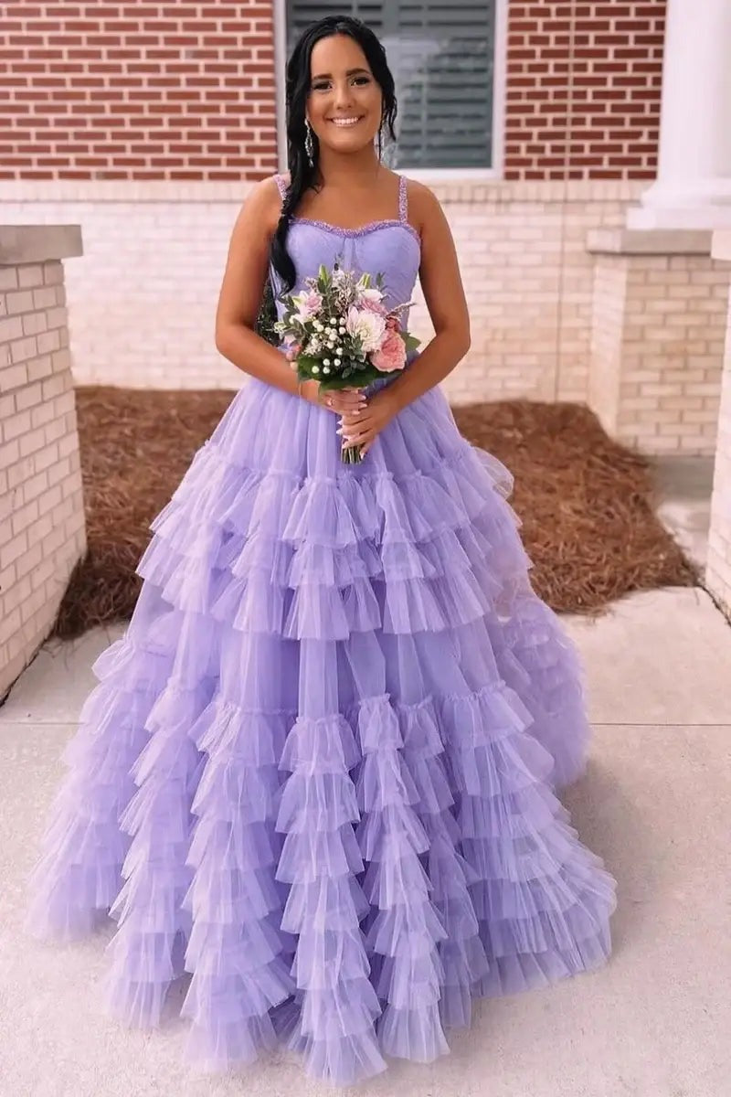 A-line Straps Lavender Beaded Layered A-Line Prom Dress SEW1306|Selinadress