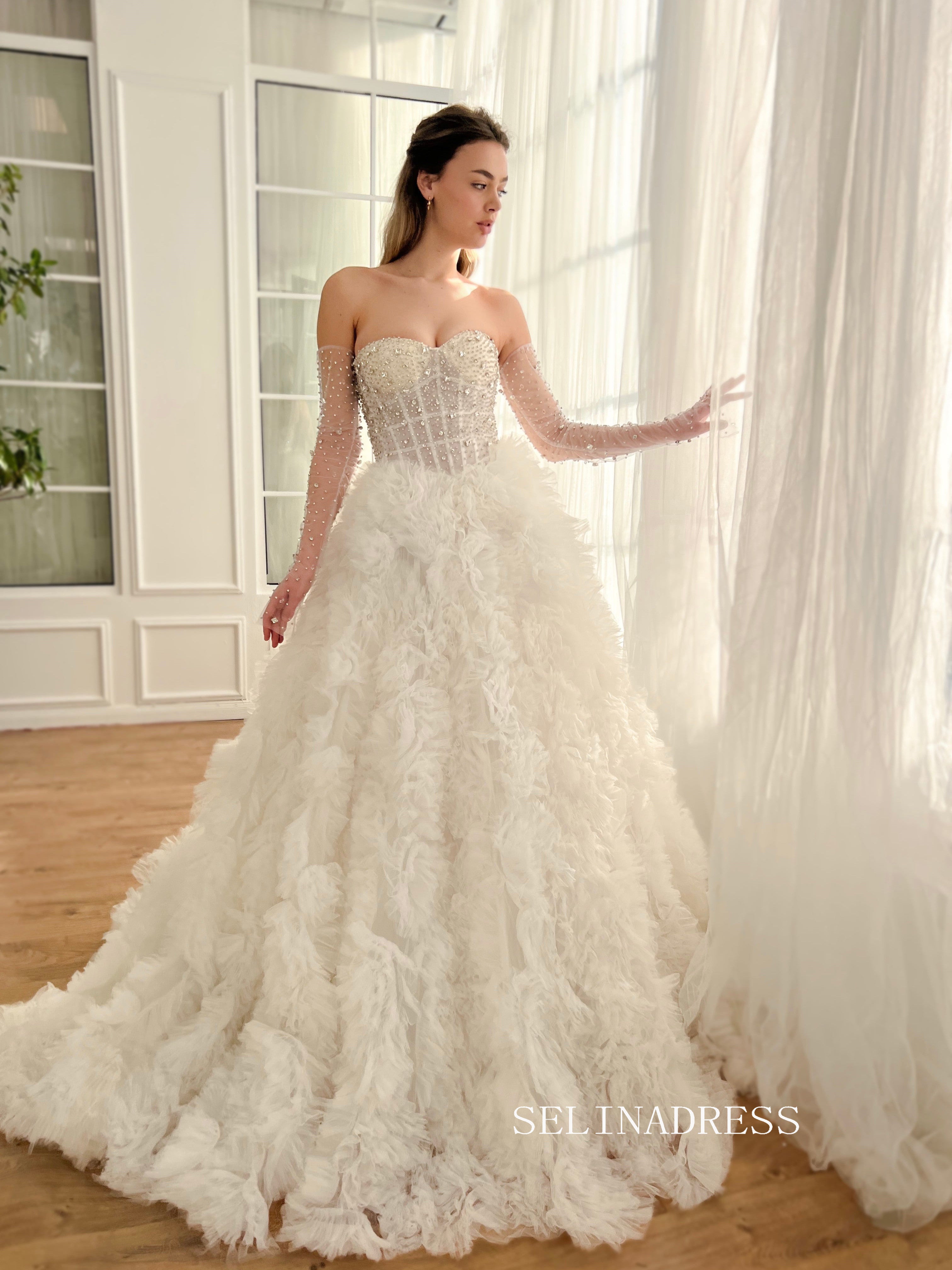 A-line Sweetheart Beaded Lace White Bridal Gowns Elegant Strapless Wedding Dress JKL3201|Selinsdress