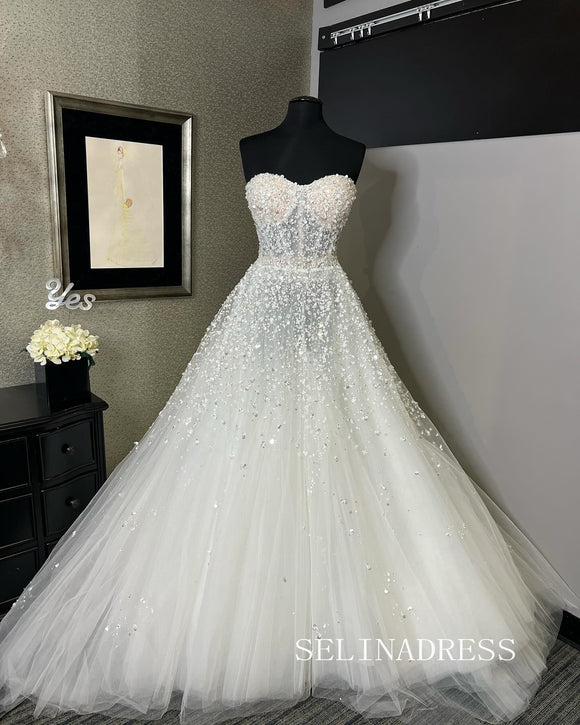 A-line Sweetheart Beaded Sequins Wedding Dress Rustic Bridal Gowns TKL3054|Selinadress