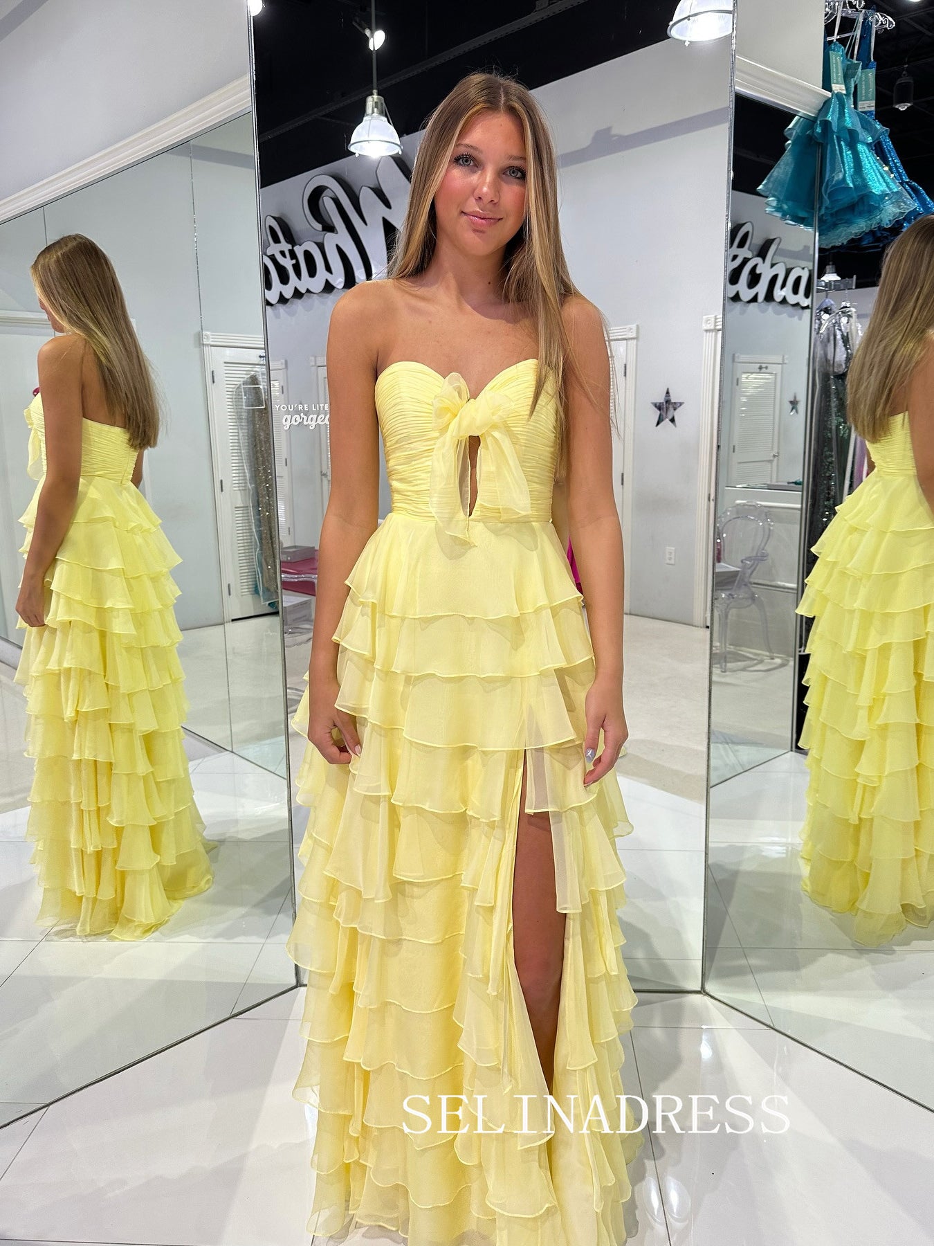 A-line Sweetheart Chiffon Yellow Long Prom Dress With Slit SED0026|Selinadress