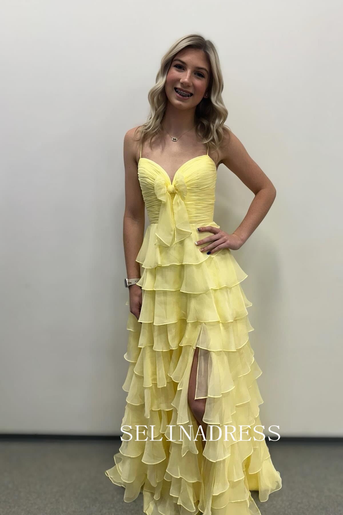 A-line Sweetheart Chiffon Yellow Long Prom Dress With Slit SED0026