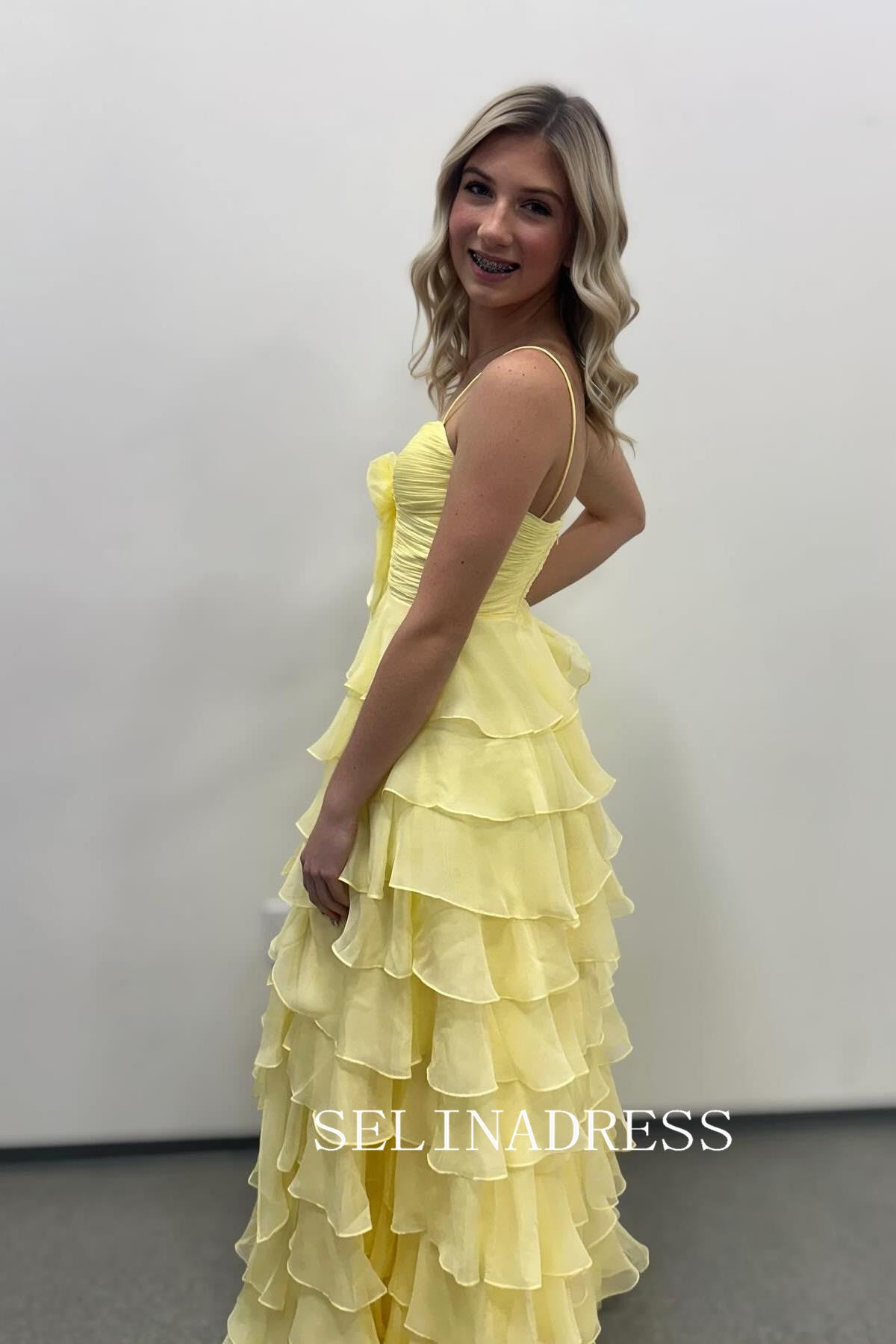 A-line Sweetheart Chiffon Yellow Long Prom Dress With Slit SED0026