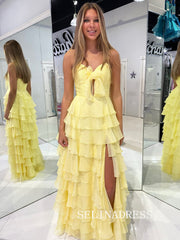 A-line Sweetheart Chiffon Yellow Long Prom Dress With Slit SED0026|Selinadress