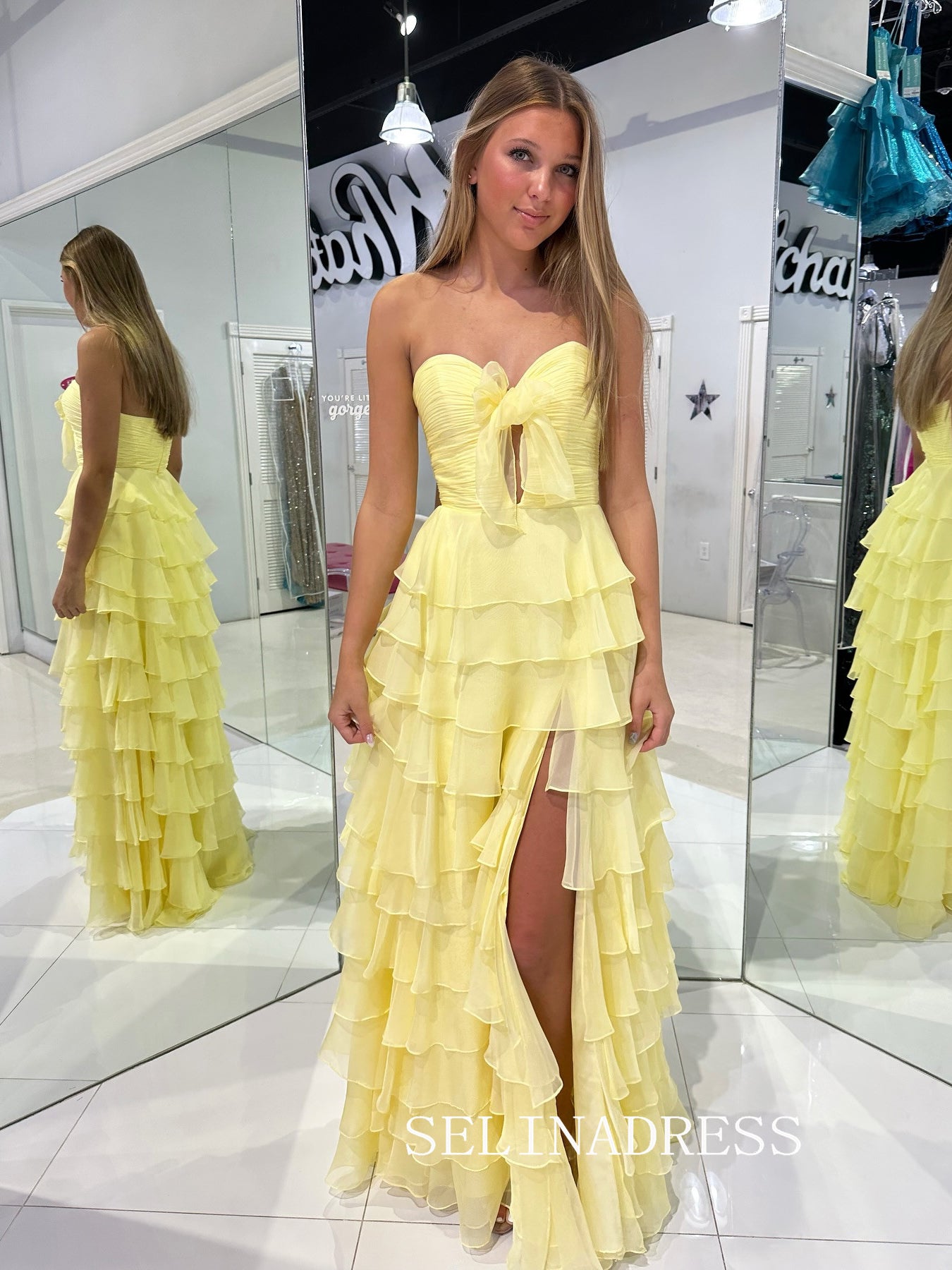 A-line Sweetheart Chiffon Yellow Long Prom Dress With Slit SED0026|Selinadress