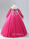 A-Line Sweetheart Fuchsia Dresses Flower Long Sleeve Ball Gown Formal Dresses TKL2103