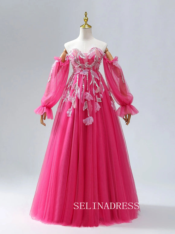 A-Line Sweetheart Fuchsia Dresses Flower Long Sleeve Ball Gown Formal Dresses TKL2103|Selinadress