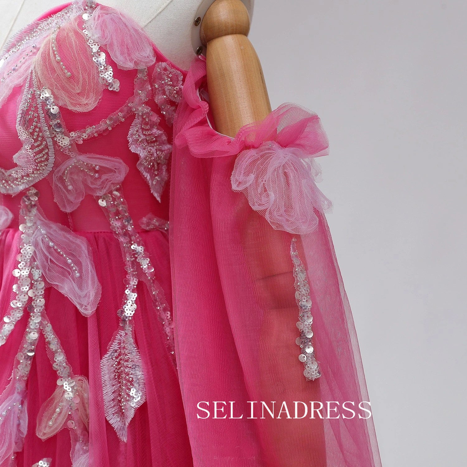 A-Line Sweetheart Fuchsia Dresses Flower Long Sleeve Ball Gown Formal Dresses TKL2103