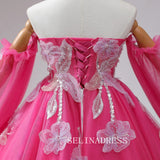 A-Line Sweetheart Fuchsia Dresses Flower Long Sleeve Ball Gown Formal Dresses TKL2103