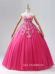 A-Line Sweetheart Fuchsia Dresses Flower Long Sleeve Ball Gown Formal Dresses TKL2103