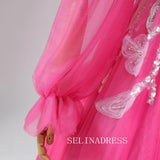 A-Line Sweetheart Fuchsia Dresses Flower Long Sleeve Ball Gown Formal Dresses TKL2103