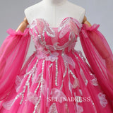 A-Line Sweetheart Fuchsia Dresses Flower Long Sleeve Ball Gown Formal Dresses TKL2103