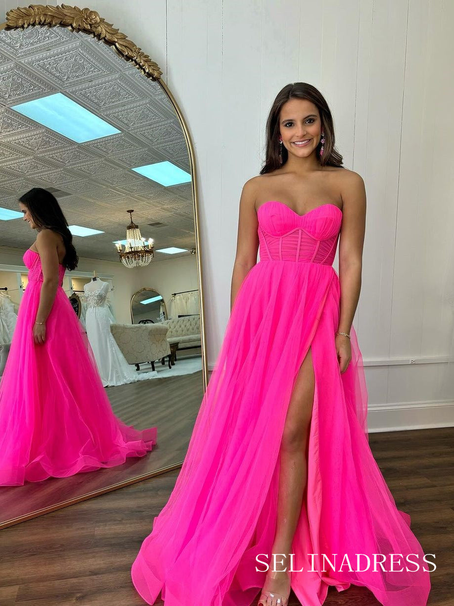 A-line Sweetheart Hot Pink Tulle Cheap Prom Gown With Slit lpk935|Selinadress