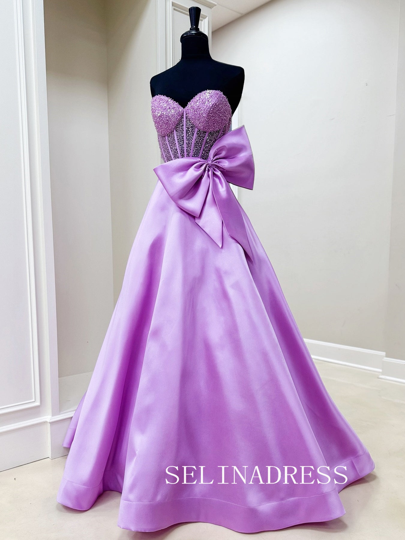 A-line Sweetheart Lilac Prom Dress With Bow Beaded Evening Dresses SED0045|Selinadress