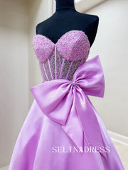 A-line Sweetheart Lilac Prom Dress With Bow Beaded Evening Dresses SED0045|Selinadress