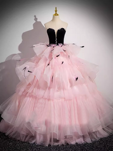 A-line Sweetheart Long Prom Dress Muti Layered Pink Tulle Princess Dresses TKL2158|Selinadress