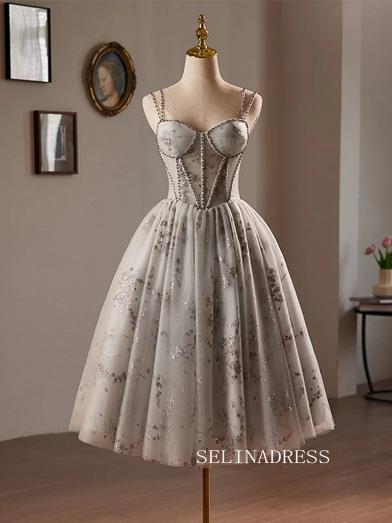 A-Line Sweetheart Neck Tulle Homecoming Dress Sequin Lace Gray Short Prom Dress #TKL2115|Selinadress