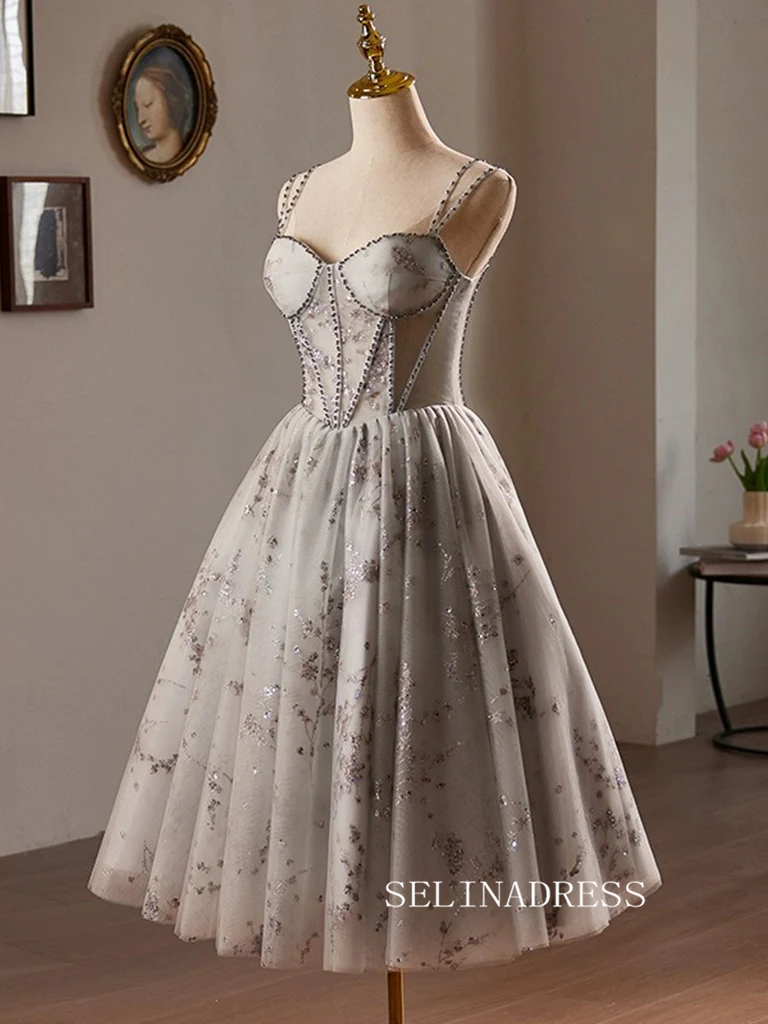 A-Line Sweetheart Neck Tulle Homecoming Dress Sequin Lace Gray Short Prom Dress #TKL2115|Selinadress