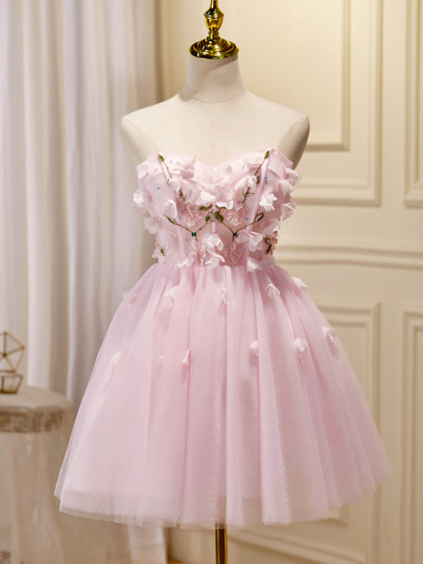 A-line Sweetheart Pink Homecoming Dress Cute Graduation Dress Floral Short Prom Dress KTS018|Selinadress