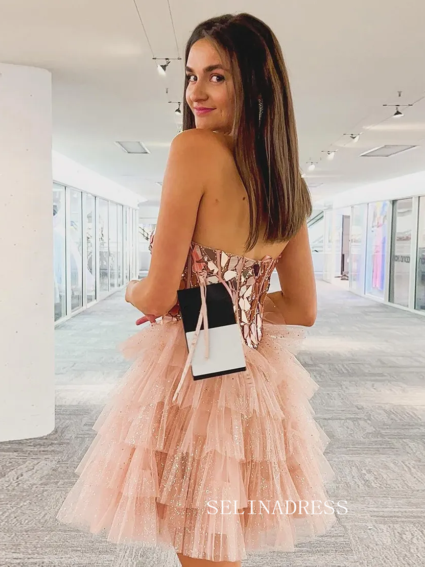 A-line Sweetheart Sparkly Short Prom Dress Pink Homecoming Dresses #TKL2319|Selinadress