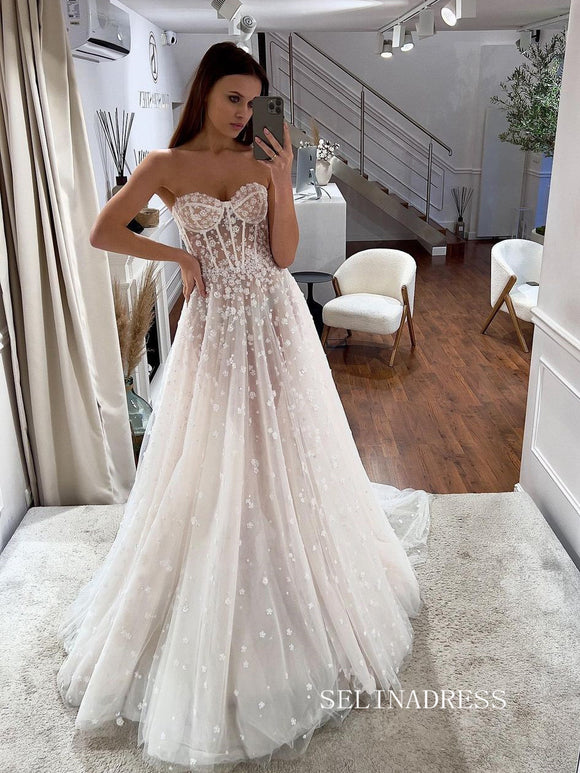 A-line Spaghetti Straps Rustic Embroidery Lace Wedding Dresses Country –  SELINADRESS