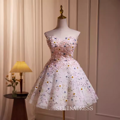 A Line Sweetheart Tulle Light Pink Flower Short Prom Dress Cocktail Dress #SEW1265|Selinadress