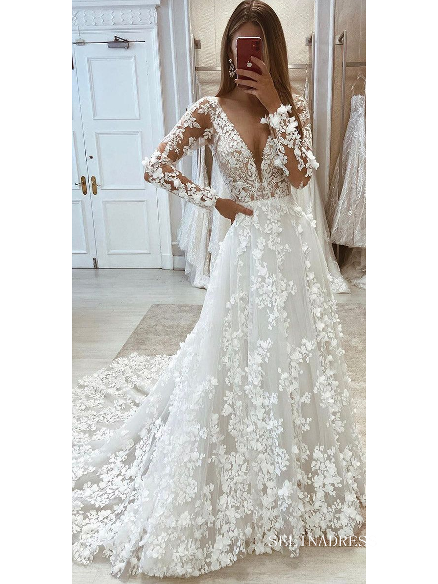 A-line V neck 3D Floral Lace Wedding Dresses Elegant Long Sleeve Wedding Gowns EWR815|Selinadress