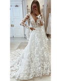 A-line V neck 3D Floral Lace Wedding Dresses Elegant Long Sleeve Wedding Gowns EWR815|Selinadress