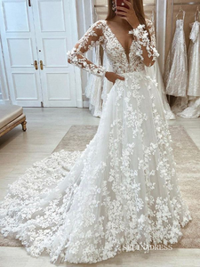 A-line V neck 3D Floral Lace Wedding Dresses Elegant Long Sleeve Wedding Gowns EWR815|Selinadress