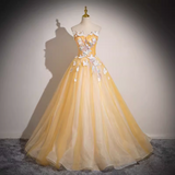 A-line Sweetheart Yellow Beaded Long Prom Dress Butterfly Princess Quinceanera TKL2150|Selinadress