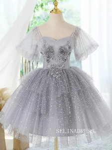 A-Line Tulle Gray Short Prom Dress Cute Lace Homecoming Dress #TKL2117|Selinadress