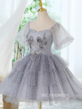 A-Line Tulle Gray Short Prom Dress Cute Lace Homecoming Dress #TKL2117|Selinadress