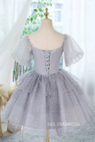 A-Line Tulle Gray Short Prom Dress Cute Lace Homecoming Dress #TKL2117|Selinadress