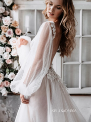 A-Line V-Neck Appliques Lace Long Puff Sleeve Backless Dot Gown Tulle Wedding Dress Sexy Bridal Gown ASK002|Selinadress