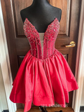 A-line V neck Beaded Short Prom Dress Red Homecoming Dresses #TKL2318|Selinadress