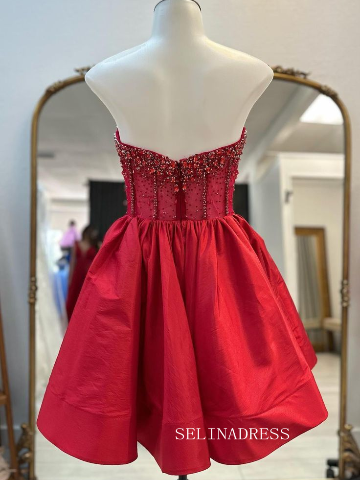 A-line V neck Beaded Short Prom Dress Red Homecoming Dresses #TKL2318|Selinadress