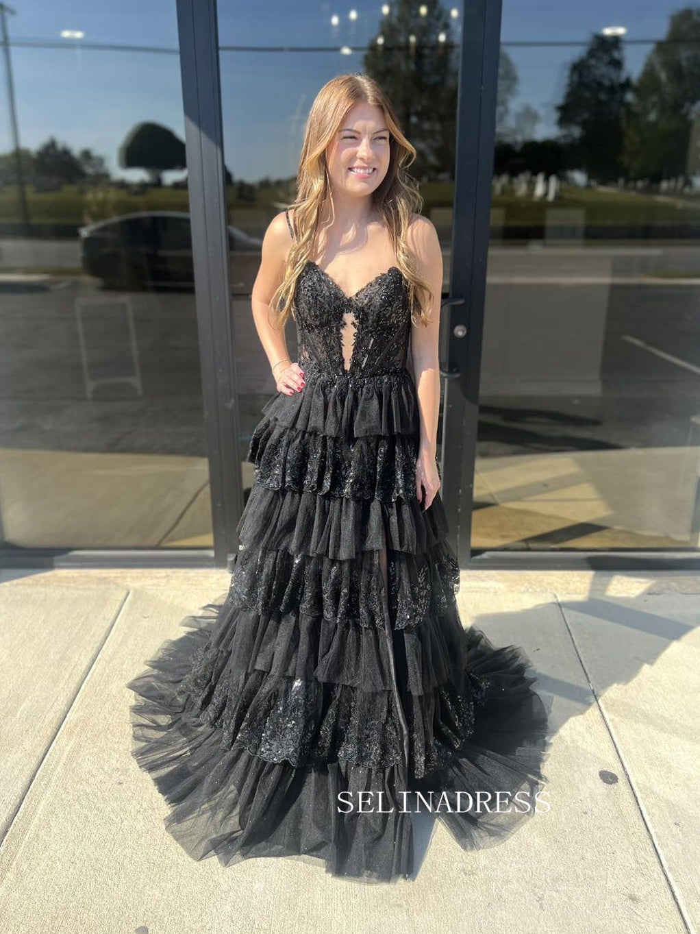 A-line V neck Black Lace Long Prom Dress With Lace Layered Evening Dresss SER806|Selinadress