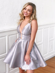 A-line V neck Elegant Homecoming Dress Silver Satin Short Prom Dress SLD001|Selinadress