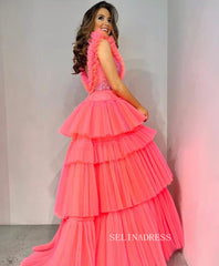 A-line V neck Elegant Pink Long Prom Dresses Ruffles Evening Gowns Formal Dresses TKS004