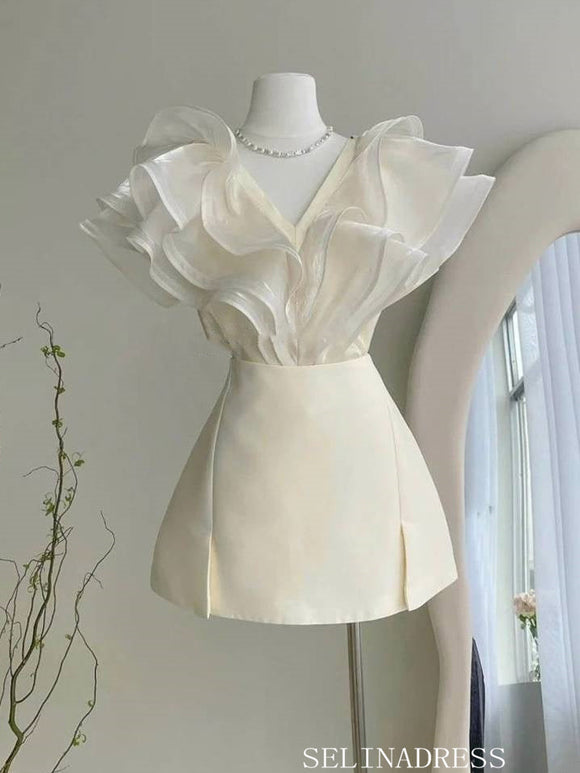 A-line V neck Ivory Short Homecoming Dresses Hoco Dress #EWR567|Selinadress