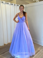 A-line V neck Lavender Ball Gown Tulle Long Prom Dress sew1098|Selinadress