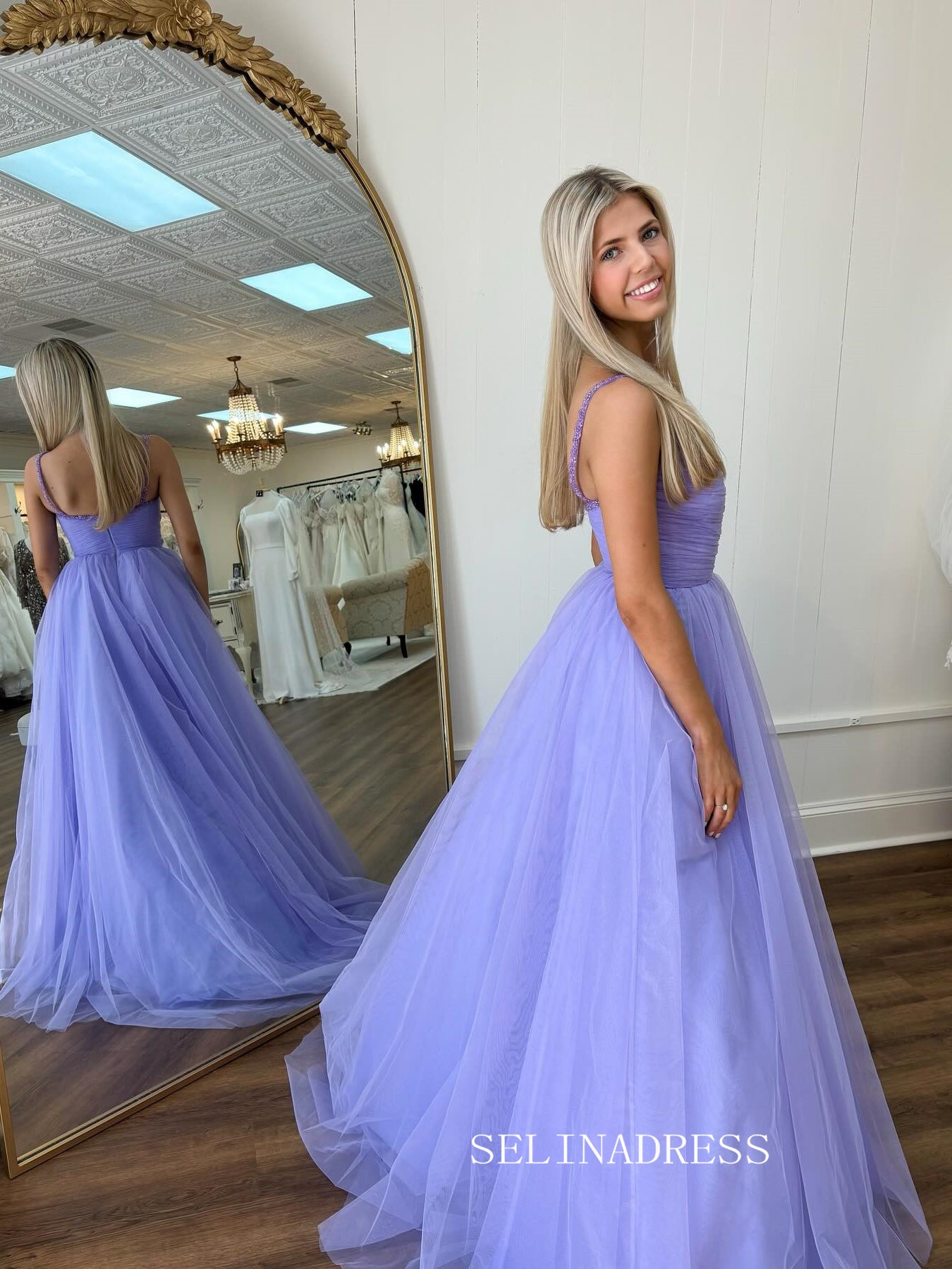 A-line V neck Lavender Ball Gown Tulle Long Prom Dress sew1098|Selinadress