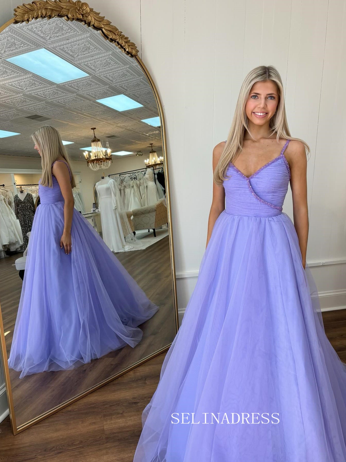 A-line V neck Lavender Ball Gown Tulle Long Prom Dress sew1098|Selinadress