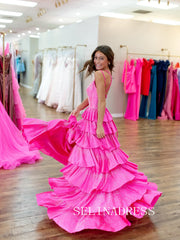 A-line V neck Layered Hot Pink Long Prom Dress Hot Stones Evening Dresses SED0052|Selinadress