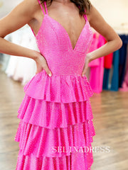 A-line V neck Layered Hot Pink Long Prom Dress Hot Stones Evening Dresses SED0052|Selinadress