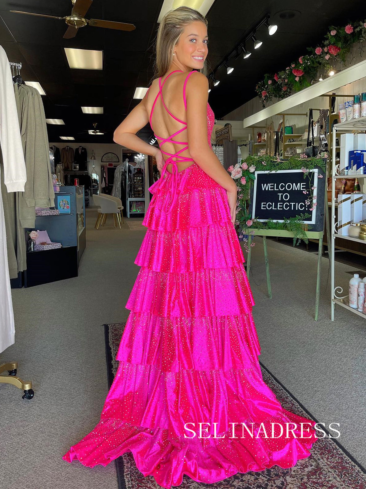 A-line V neck Layered Hot Pink Long Prom Dress Hot Stones Evening Dresses SED0052