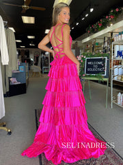 A-line V neck Layered Hot Pink Long Prom Dress Hot Stones Evening Dresses SED0052