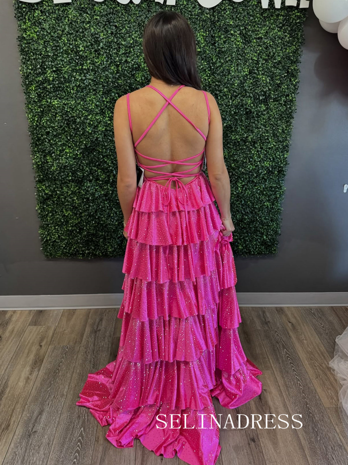 A-line V neck Layered Hot Pink Long Prom Dress Hot Stones Evening Dresses SED0052|Selinadress