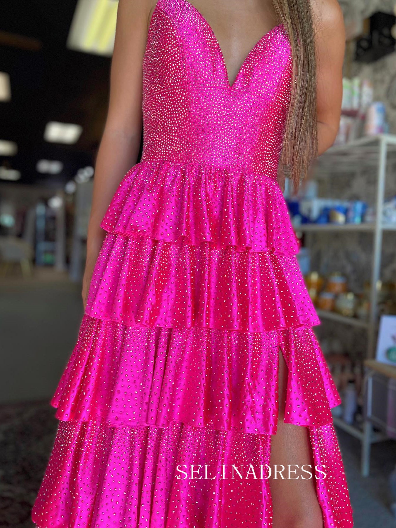 A-line V neck Layered Hot Pink Long Prom Dress Hot Stones Evening Dresses SED0052|Selinadress